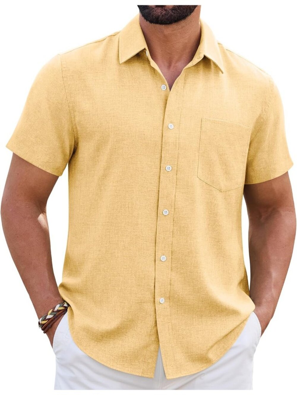 Men's Short Sleeve Linen Yellow Wrinkle Free Casual Beach Button Down Shirt